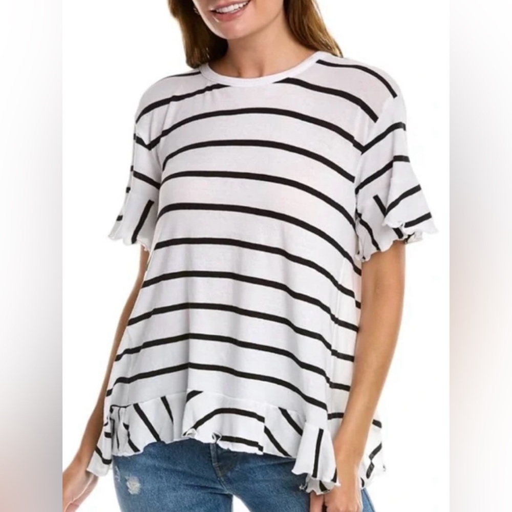 Chaser Womens Blouse Top Ruffle White Black Striped Short Sleeve M Oversized